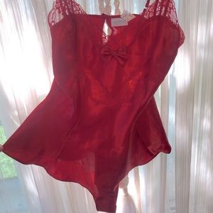 Vintage Cherry Red Satin & Lace Teddy
